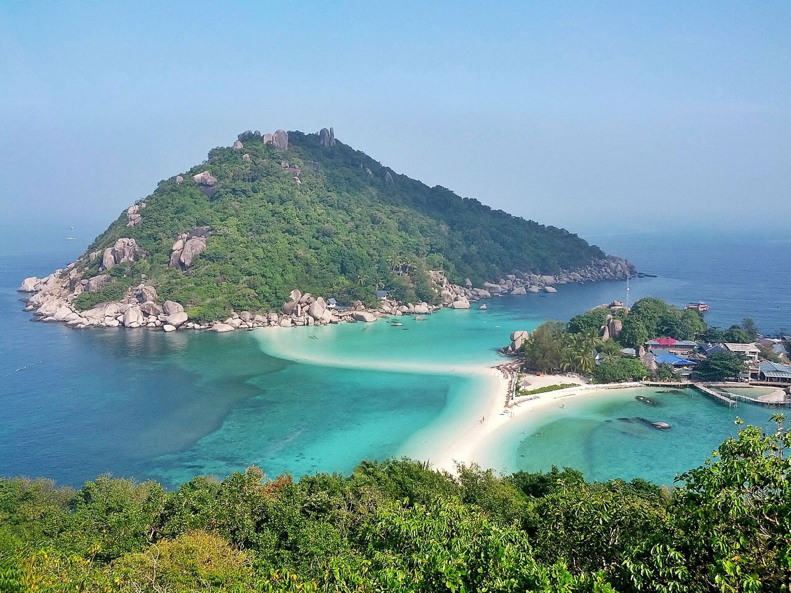 View from the viewpoint over the islets of Koh Nang Yuan joined by a white sandbar, off Koh Tao