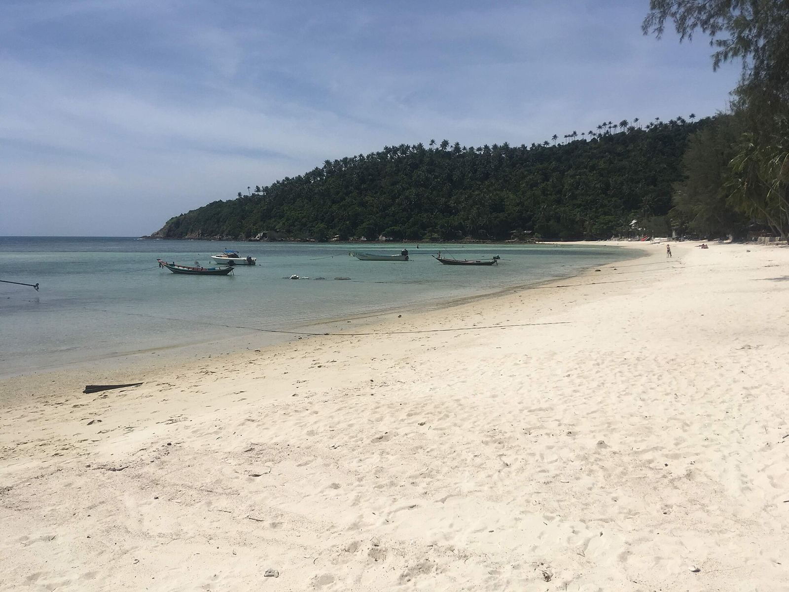 Haad Salad beach on Koh Phangan, a curve of pale sand with longtail boats anchored in calm water